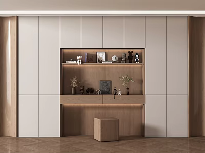 Modern Warm Toned Full Wall Bookcase With Hidden Storage LED Lights And Elegant Decor Displays 3d model
