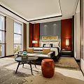 Modern Hotel Room Interior Featuring Comfortable Bed Flat Screen TV Decorative Carpet And Partition