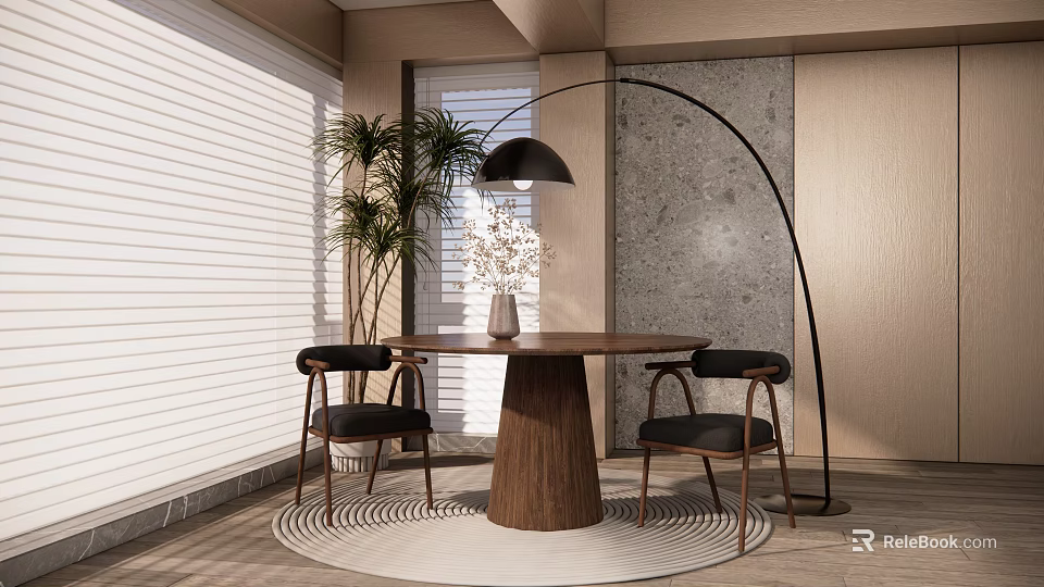 Wooden Round Dining Table With Two Black Chairs Vase Floor Lamp Plant And Round Rug 3d model 