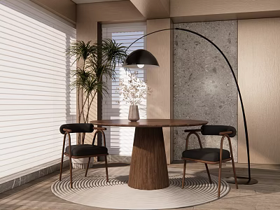 Wooden Round Dining Table With Two Black Chairs Vase Floor Lamp Plant And Round Rug 3d model
