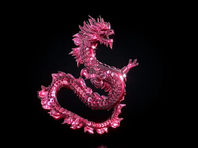 Shiny Metallic Pink Dragon Sculpture With Intricate Details On Black Background 3d model