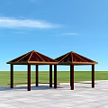 Two Wooden Pergolas with Pyramid Roof Structure on Stone Pavement and Green Grass