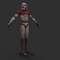 Game And Movie Character Clone Trooper With Red White Armor On Hoverboard