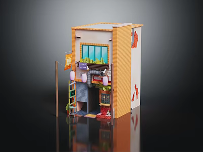 Miniature Urban Building Model With Orange White Walls Windows Lanterns And Entrance Decorations 3d model
