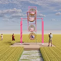 Pink Outdoor Play Equipment Featuring Circular Seats in Yellow Field with People Playing