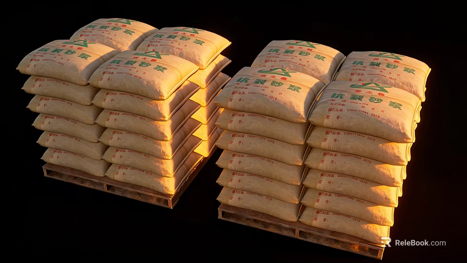 Stacked Bags On Wooden Pallets With Printed Labels For Storage 3d model 