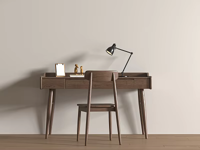 Elegant Dark Brown Wooden Desk Setup With Chair Lamp And Notebook 3d model