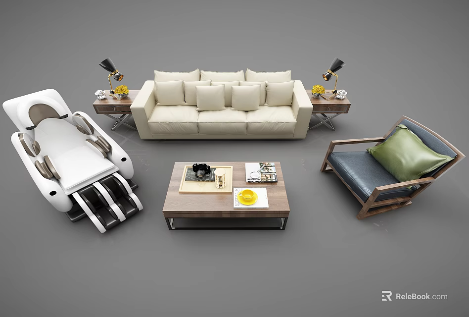 Modern Upholstered Sofa Coffee Table Set With Wooden Table Side Lamps And Accent Chair 3d model 