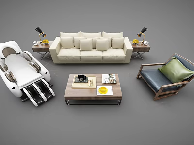 Modern Upholstered Sofa Coffee Table Set With Wooden Table Side Lamps And Accent Chair 3d model