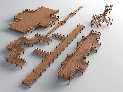 Outdoor Wooden Landscape Bridges With Various Path Designs And Platform Structures 3d model