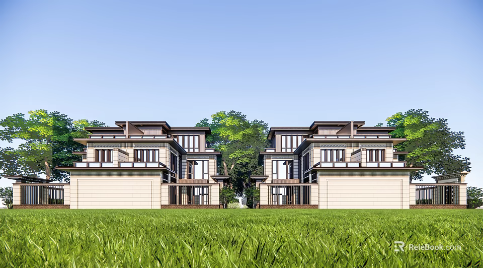 Modern Semi Detached Villa Exterior With Green Lawn And Surrounding Trees 3d model 