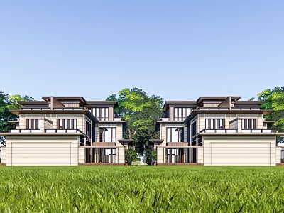 Modern Semi Detached Villa Exterior With Green Lawn And Surrounding Trees 3d model