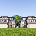 Modern Semi Detached Villa Exterior With Green Lawn And Surrounding Trees