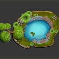 Cartoon Scene Of Small Island With Blue Pond Frog Green Trees And Stones