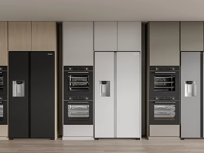 Modern Kitchen Interior With Different Color Refrigerators Built In Ovens And Wooden Cabinets 3d model