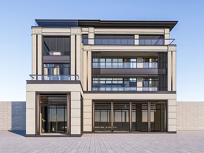 Modern Detached Villa With Three Story Structure Large Windows Balconies And Stone Exterior 3d model