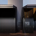 Modern Architectural Entrance With Wooden Roof Vertical Slats Black Columns Indoor Fireplace And Seats