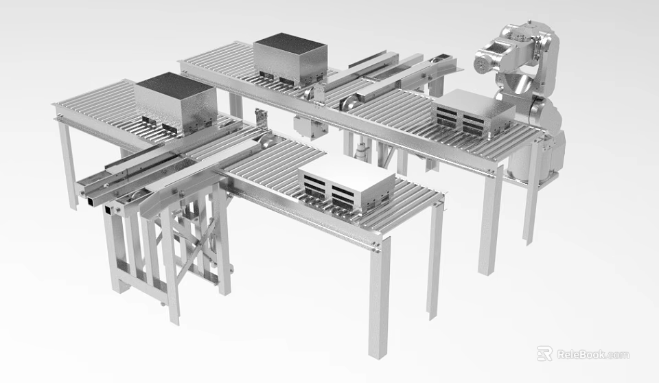 Industrial Equipment Automated Conveyor System With Robotic Arm And Boxes For Material Handling 3d model 
