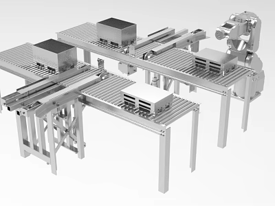 Industrial Equipment Automated Conveyor System With Robotic Arm And Boxes For Material Handling 3d model