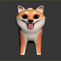 3D Shiba Inu Figure Orange White Fur Open Mouth Curled Tail On Black Reflective Surface