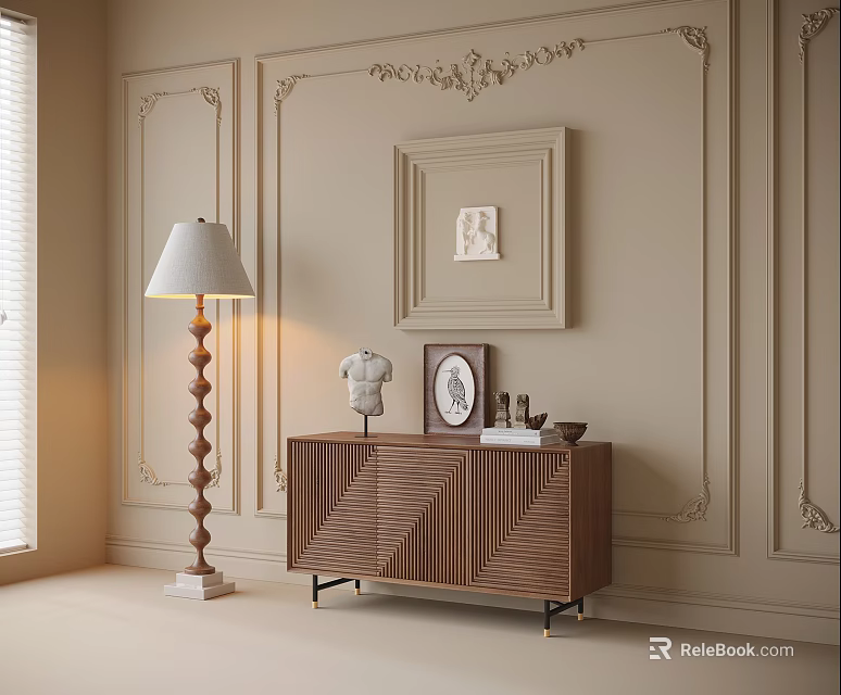 Wooden Entryway Console Table With Decor Items Floor Lamp And Molded Wall 3d model 