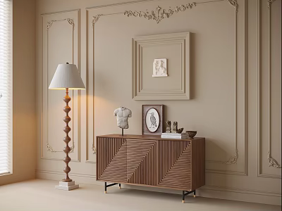 Wooden Entryway Console Table With Decor Items Floor Lamp And Molded Wall 3d model