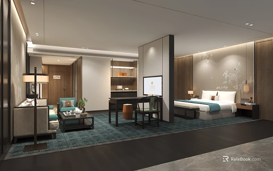 Modern Hotel Room Interior With Comfortable Bed Sofa Work Area TV And Decorative Wall 3d model 