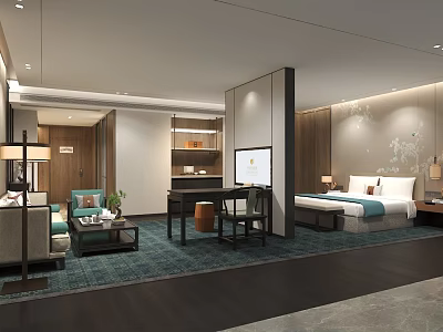Modern Hotel Room Interior With Comfortable Bed Sofa Work Area TV And Decorative Wall 3d model