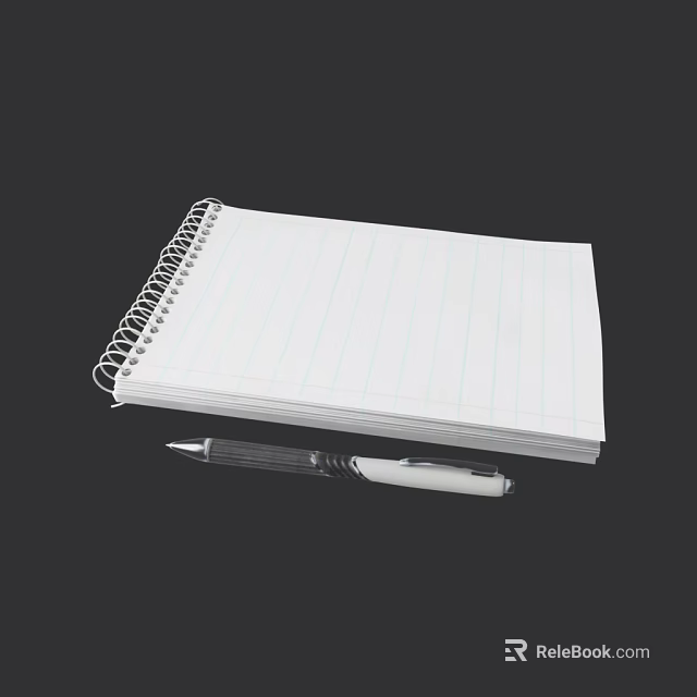 Spiral Bound Notebook with Lined White Paper and Transparent Pen on Black Background 3d model 