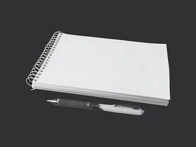 Spiral Bound Notebook with Lined White Paper and Transparent Pen on Black Background 3d model