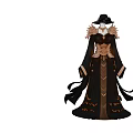Model Wearing Elegant Black And Gold Long Dress With Rose Decorations And Black Hat