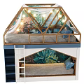 Cozy Wooden Bunk Bed With Canopy Design String Lights And Tropical Plant Mural