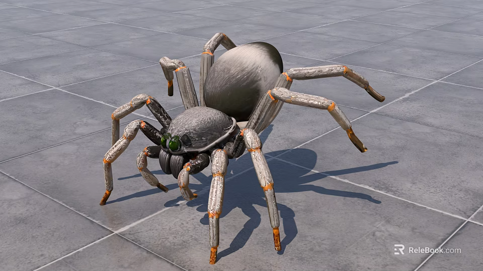 Realistic Large Spider With Gray Body And Orange Legs Green Eyes On Gray Tile Floor 3d model 