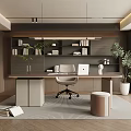 Modern Study Room Interior With Wooden Desk Office Chair Bookshelf And Potted Plant
