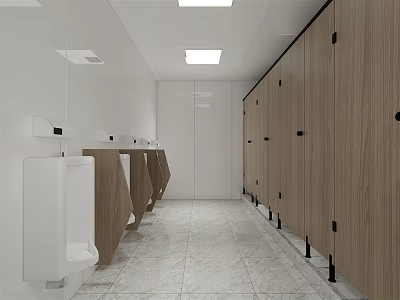 Public Toilet Interior With Wooden Cubicles Urinals Washbasins White Walls And Gray Tile Floor 3d model