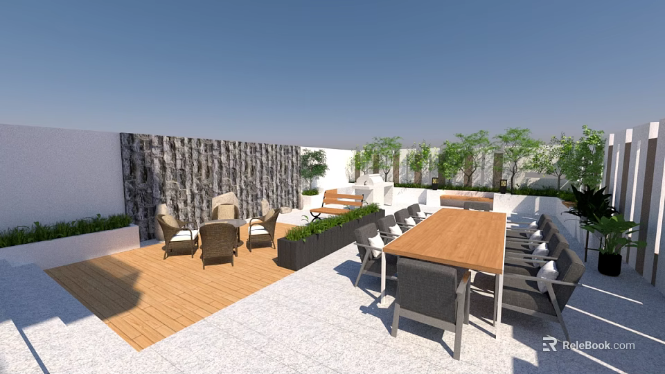 Terrace Garden Landscape With Wooden Deck Tables Chairs Green Plants And Stone Wall 3d model 
