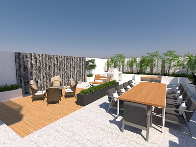 Terrace Garden Landscape With Wooden Deck Tables Chairs Green Plants And Stone Wall 3d model
