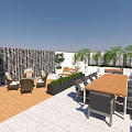 Terrace Garden Landscape With Wooden Deck Tables Chairs Green Plants And Stone Wall