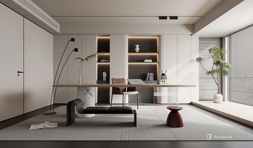 Modern Study Room Interior With Illuminated Shelves Long Desk And Plants 3d model 