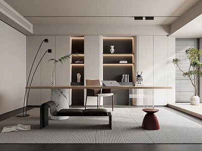 Modern Study Room Interior With Illuminated Shelves Long Desk And Plants 3d model