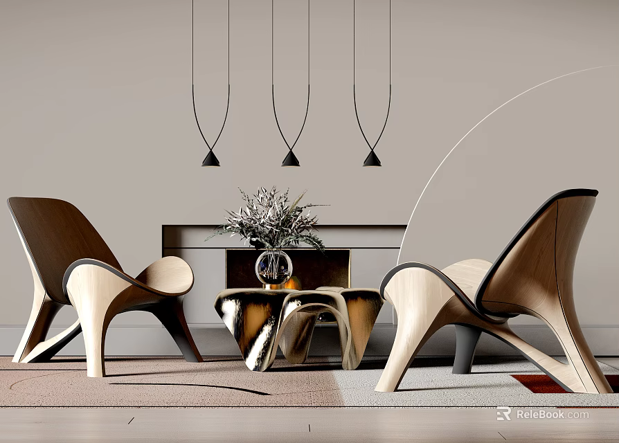 Modern Table And Chair Set With Curved Wooden Frames Metallic Base Hanging Lights And Plant 3d model 