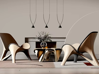 Modern Table And Chair Set With Curved Wooden Frames Metallic Base Hanging Lights And Plant 3d model