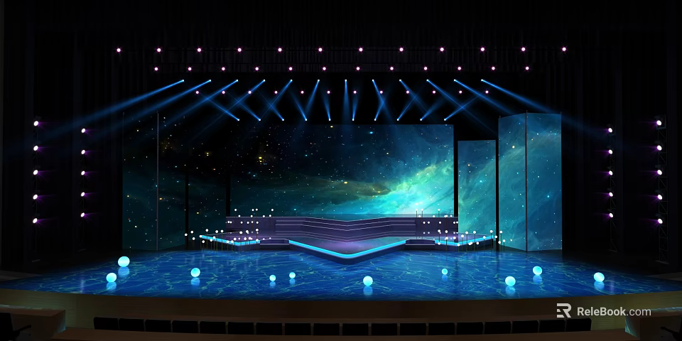 Illuminated Stage Design With Large Screen Blue Background Steps And Decorative Balls 3d model 