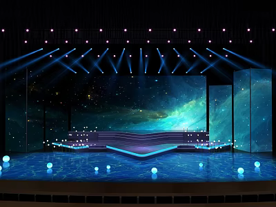 Illuminated Stage Design With Large Screen Blue Background Steps And Decorative Balls 3d model