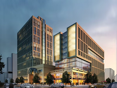 Modern Office Building With Glass Curtain Wall Night Lighting And Pedestrians Cars Trees Around 3d model