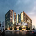 Modern Office Building With Glass Curtain Wall Night Lighting And Pedestrians Cars Trees Around