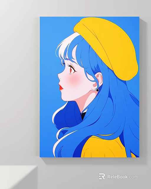 Elegant Side Profile Character Painting With Blue Hair Yellow Hat Red Lips On Blue Background 3d model 