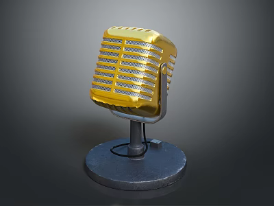 Golden Vintage Microphone With Sturdy Black Base For Everyday Household Use 3d model