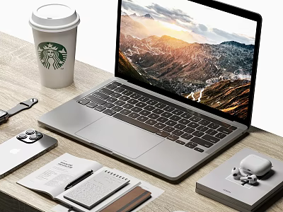 Silver Laptop With Scenic Mountain Display And Work Accessories On Desk 3d model