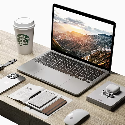 Silver Laptop With Scenic Mountain Display And Work Accessories On Desk 3d model